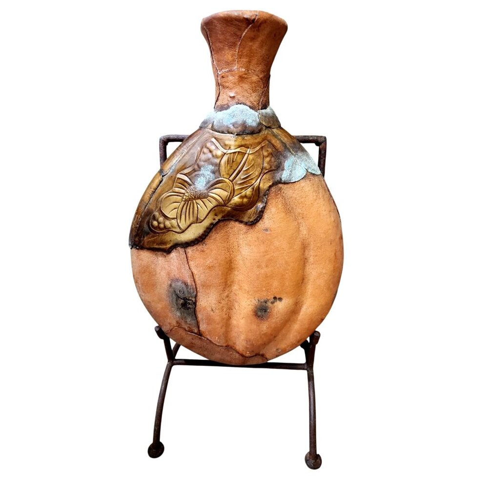 Vintage Handcrafted Leather & Metal Decorative Flask With Floral Embossing